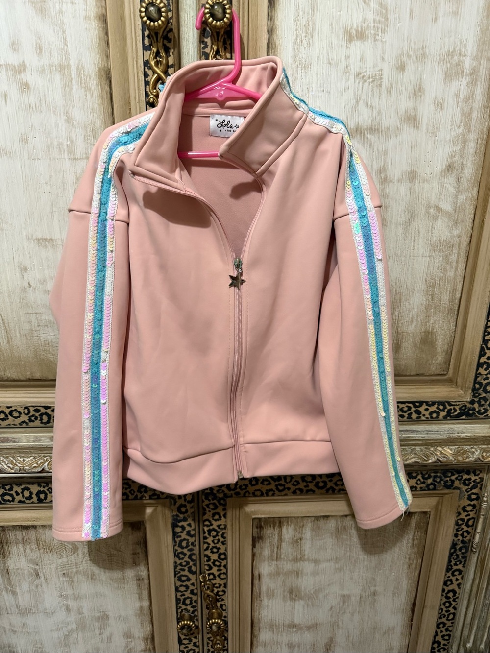 Lola + the boys girls’ Pink Sequin-Trim Track Jacket size 10